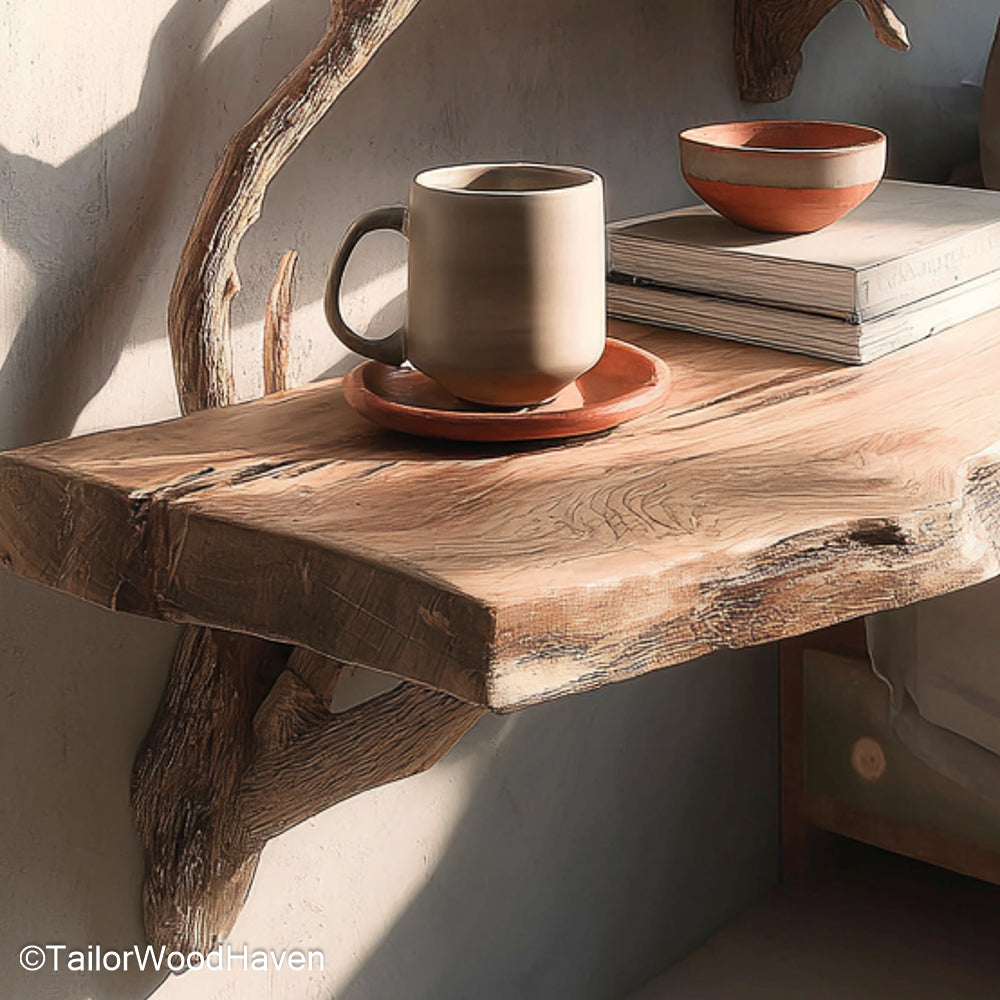 Wall Mounted Nightstands made from natural timber with hidden support and modern form, perfect for saving space while adding warmth to your bedroom