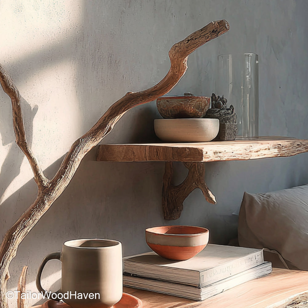 Wall Mounted Nightstands made from natural timber with hidden support and modern form, perfect for saving space while adding warmth to your bedroom