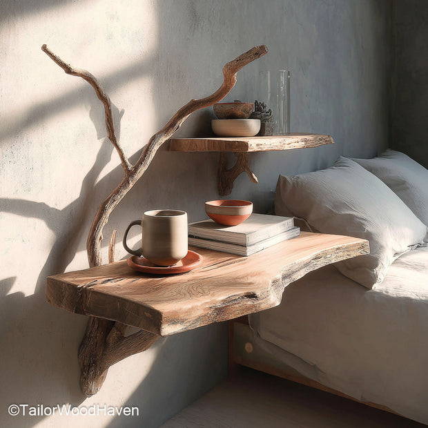 Wall Mounted Nightstands made from natural timber with hidden support and modern form, perfect for saving space while adding warmth to your bedroom