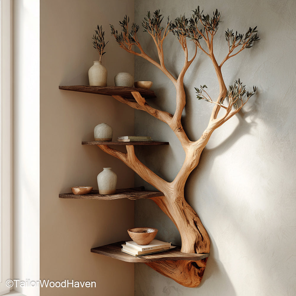 Corner tree branch shelf in natural wood with shelves holding vases and bowls