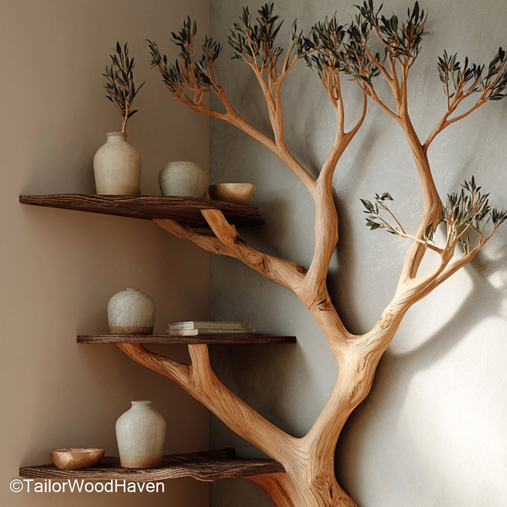 Corner tree branch shelf with branching arms and decorative vases, front view