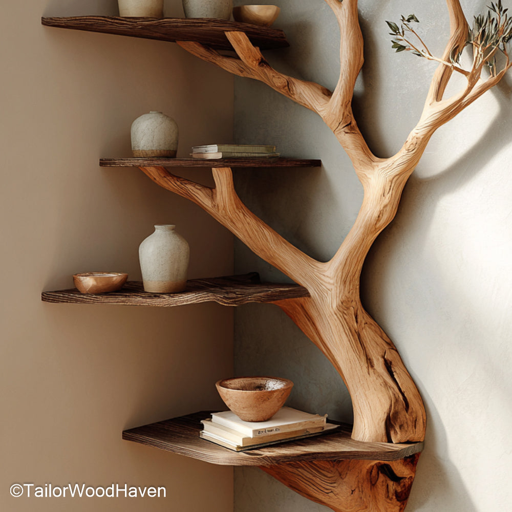 Close view of the corner tree branch shelf with books and ceramic pieces
