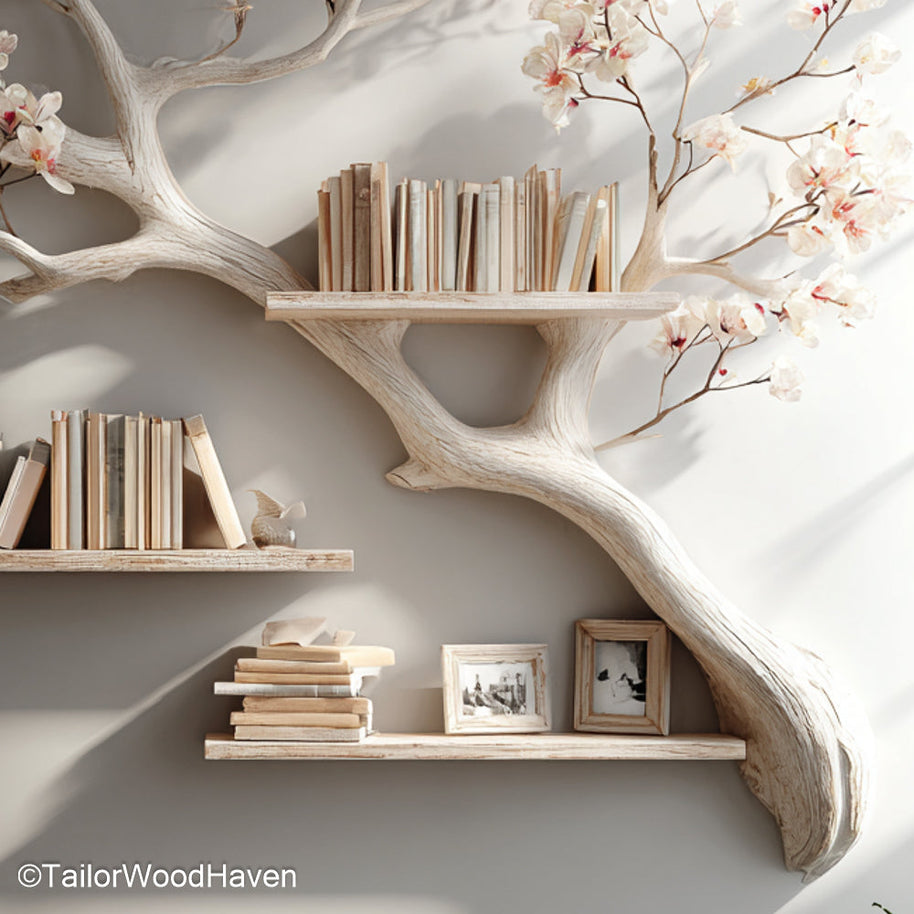 Tree Book Shelf for Wall Floating Wooden Wall Shelf in Tree Shape for Rustic or Artistic Home Decor