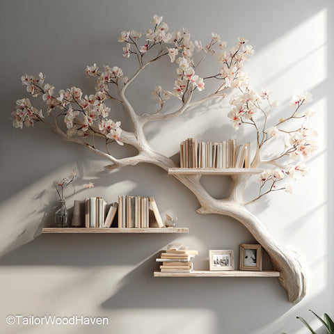 Tree Book Shelf for Wall Floating Wooden Wall Shelf in Tree Shape for Rustic or Artistic Home Decor