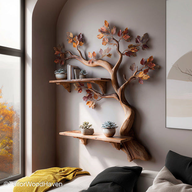 Tree Bookshelf Wall Handcrafted Floating Wooden Tree Shelf for Decorative Wall Storage