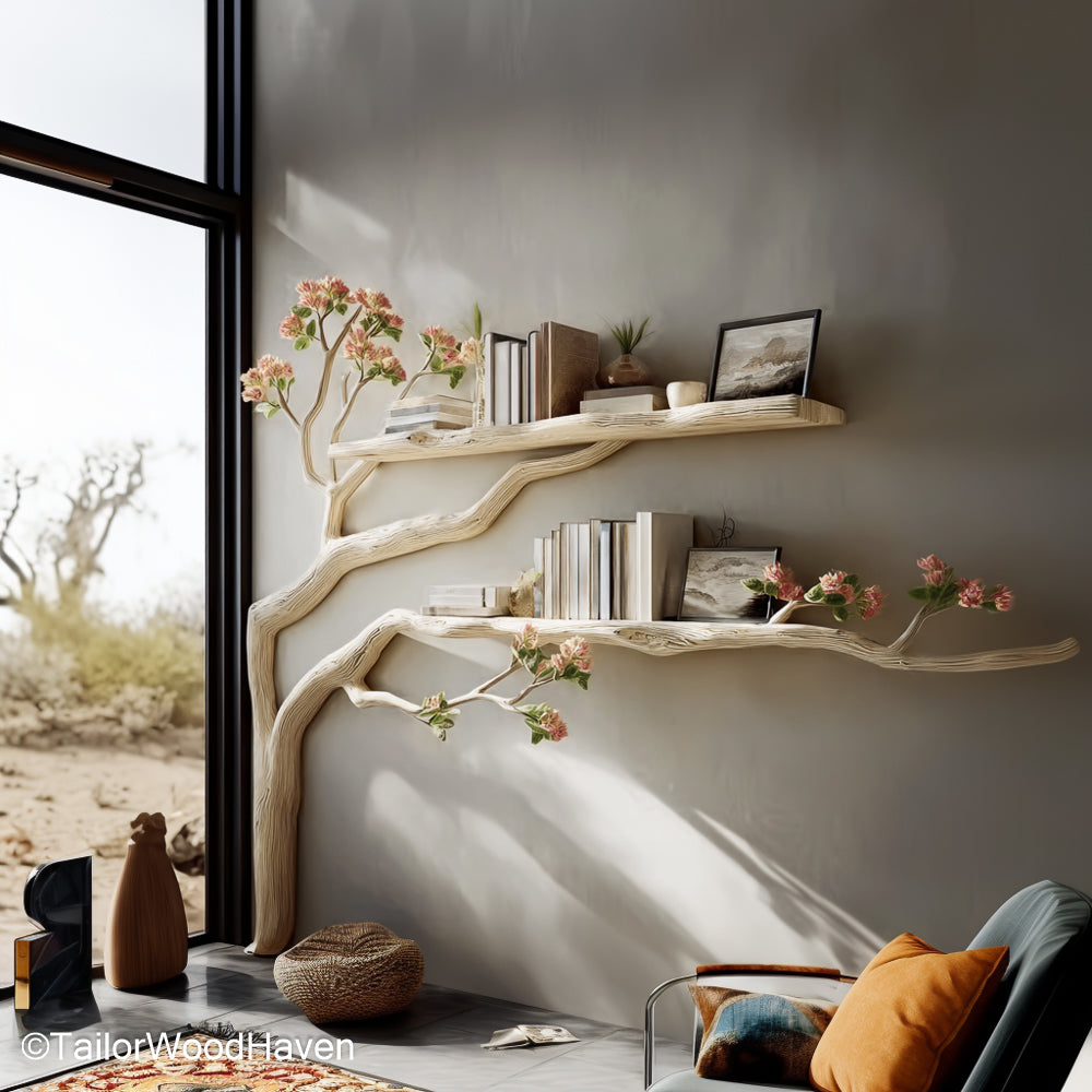 Wooden Tree Bookshelf Handcrafted Bookcase in Tree Shape Made from Solid Wood for Rustic and Artistic Interiors