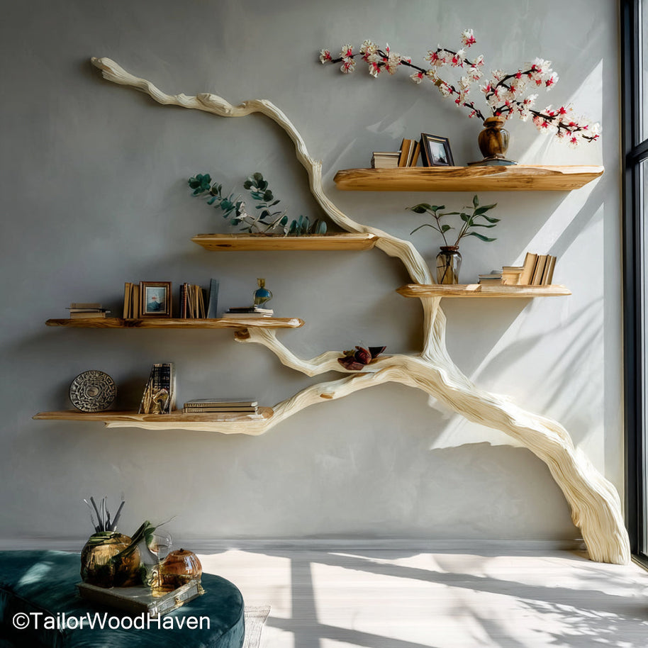 Tree Book Shelves Wooden Shelving Units Designed Like Tree Branches for Natural, Whimsical Room Styling