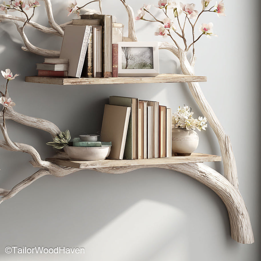 Tree Bookshelf Wall Mounted Floating Natural Wood Shelf with Tree Form for Unique Wall Storage