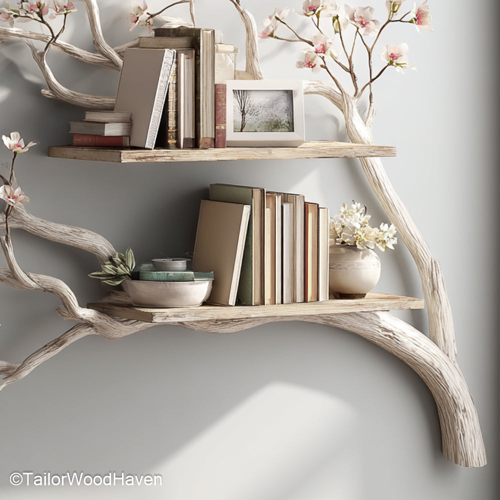 Tree Bookshelf Wall Mounted Floating Natural Wood Shelf with Tree Form for Unique Wall Storage