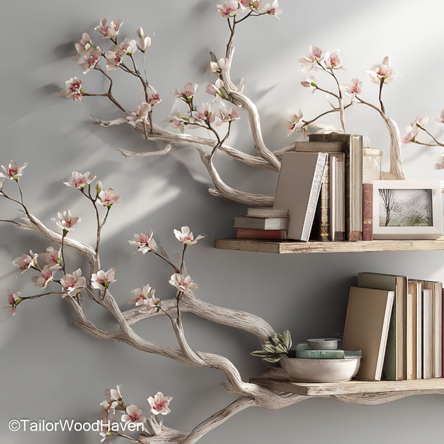 Tree Bookshelf Wall Mounted Floating Natural Wood Shelf with Tree Form for Unique Wall Storage