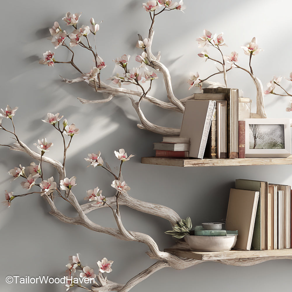 Tree Bookshelf Wall Mounted Floating Natural Wood Shelf with Tree Form for Unique Wall Storage