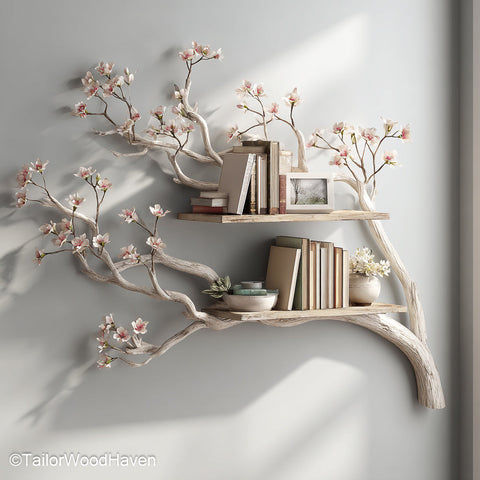Tree Bookshelf Wall Mounted Floating Natural Wood Shelf with Tree Form for Unique Wall Storage