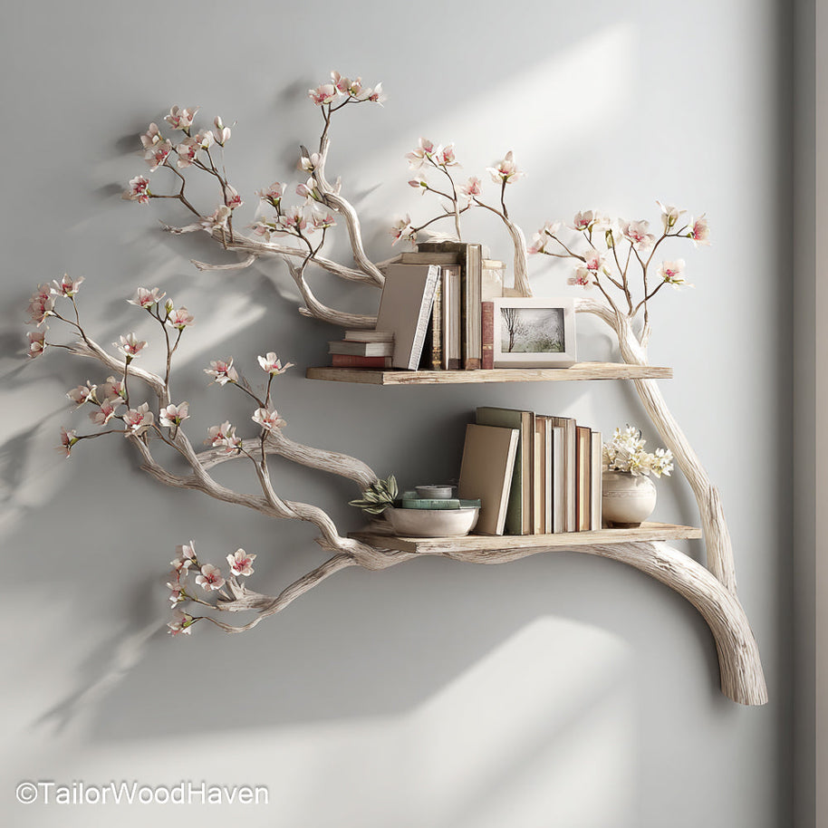 Tree Bookshelf Wall Mounted Floating Natural Wood Shelf with Tree Form for Unique Wall Storage