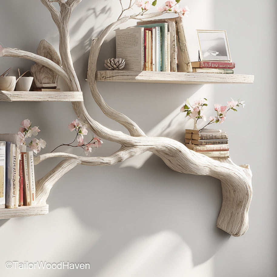Tree Shaped Wall Shelf Wall Mounted Wooden Bookshelf in Tree Silhouette for Stylish Storage