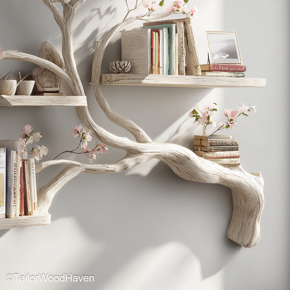 Tree Shaped Wall Shelf Wall Mounted Wooden Bookshelf in Tree Silhouette for Stylish Storage