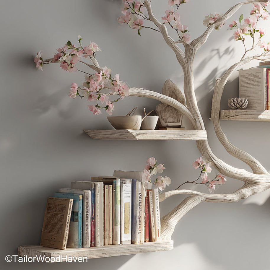 Tree Shaped Wall Shelf Wall Mounted Wooden Bookshelf in Tree Silhouette for Stylish Storage