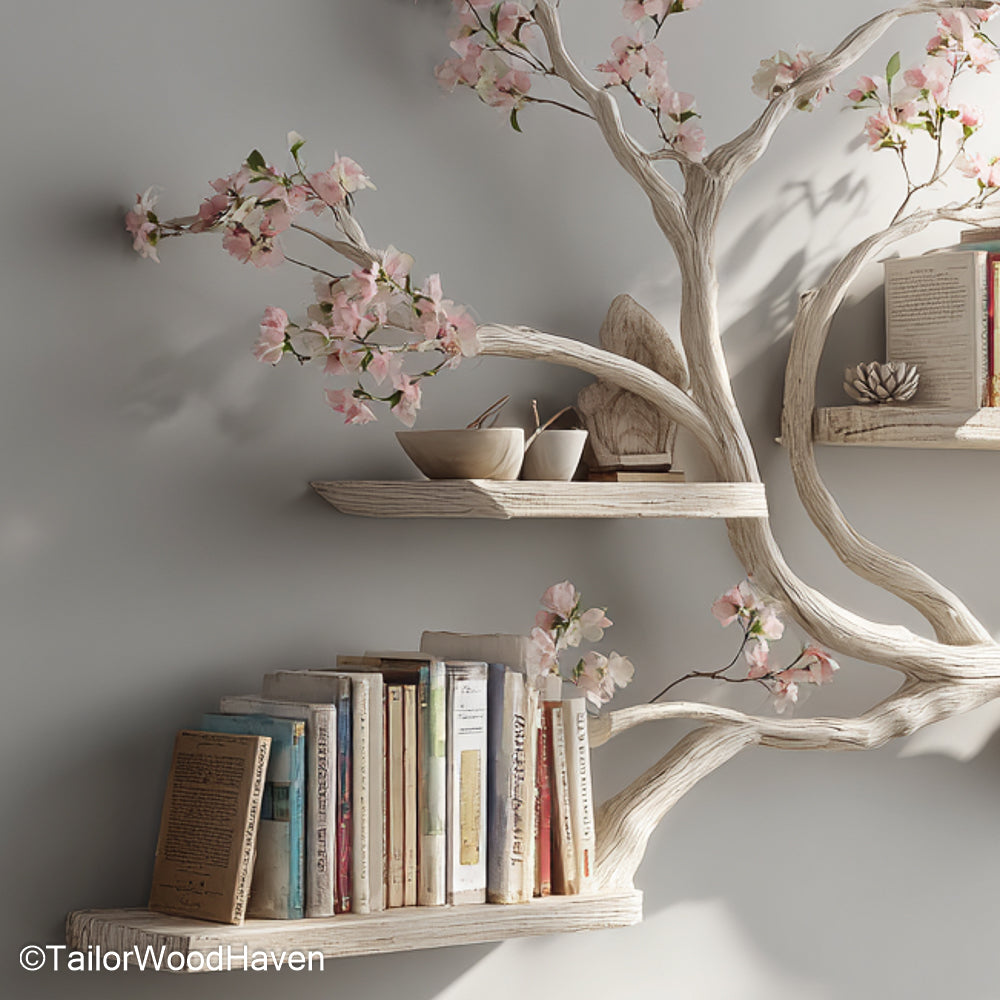 Tree Shaped Wall Shelf Wall Mounted Wooden Bookshelf in Tree Silhouette for Stylish Storage