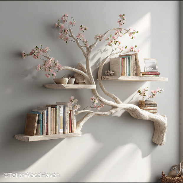 Tree Shaped Wall Shelf Wall Mounted Wooden Bookshelf in Tree Silhouette for Stylish Storage