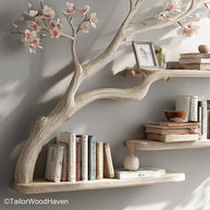 Tree Bookshelf on Wall Floating Wooden Tree Shelf for Rustic Living Rooms, Bedrooms, or Kids' Spaces