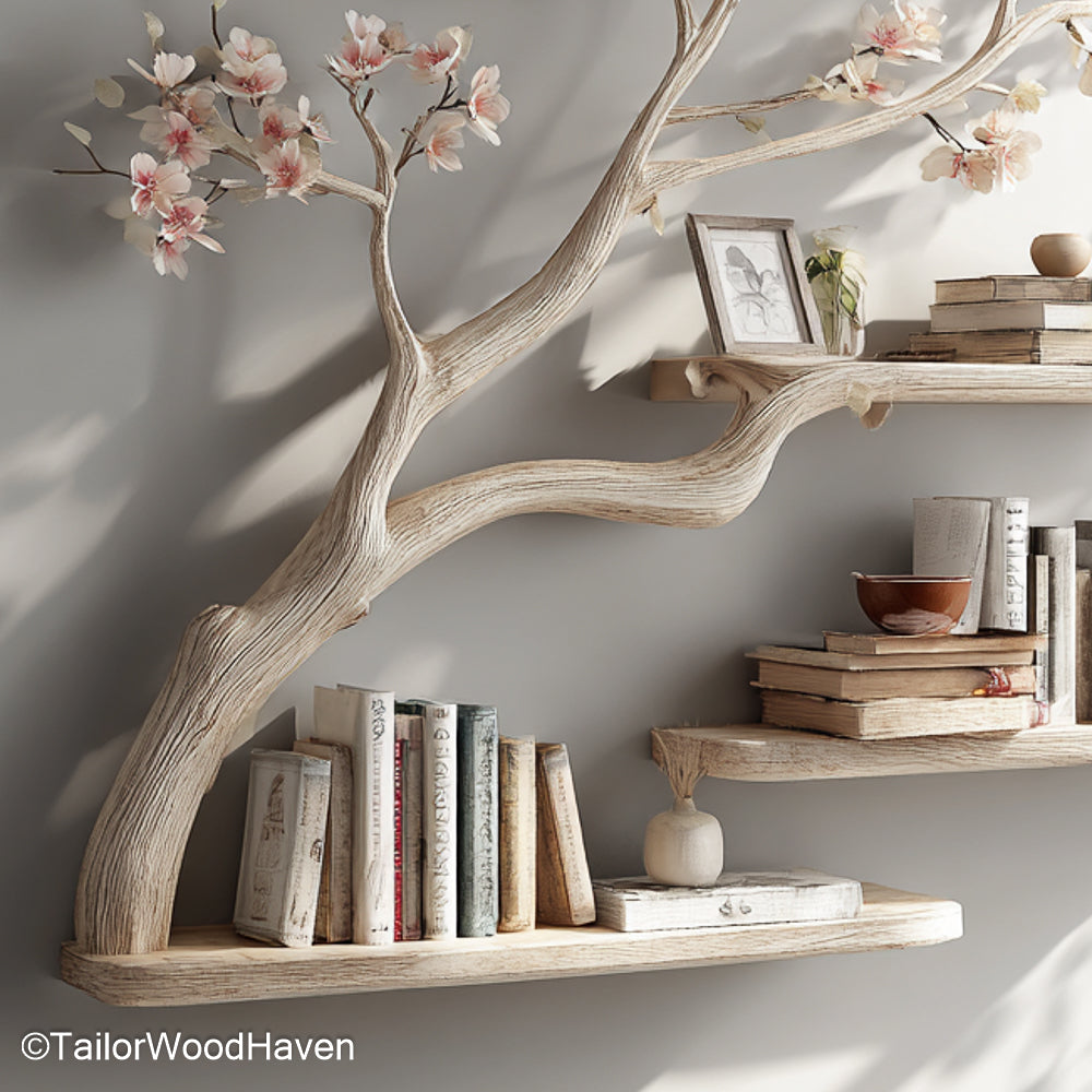 Tree Bookshelf on Wall Floating Wooden Tree Shelf for Rustic Living Rooms, Bedrooms, or Kids' Spaces