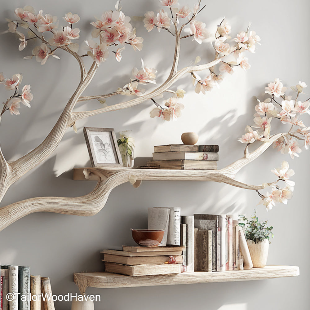 Tree Bookshelf on Wall Floating Wooden Tree Shelf for Rustic Living Rooms, Bedrooms, or Kids' Spaces