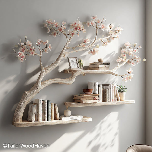 Tree Bookshelf on Wall Floating Wooden Tree Shelf for Rustic Living Rooms, Bedrooms, or Kids' Spaces