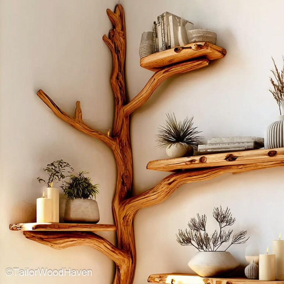 Corner Tree Bookcase Wooden Tree Form Bookshelf for Corners, Ideal for Rustic Living Rooms or Cozy Reading Nooks