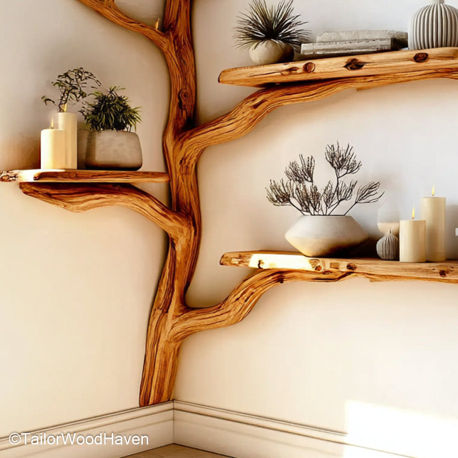 Corner Tree Bookcase Wooden Tree Form Bookshelf for Corners, Ideal for Rustic Living Rooms or Cozy Reading Nooks
