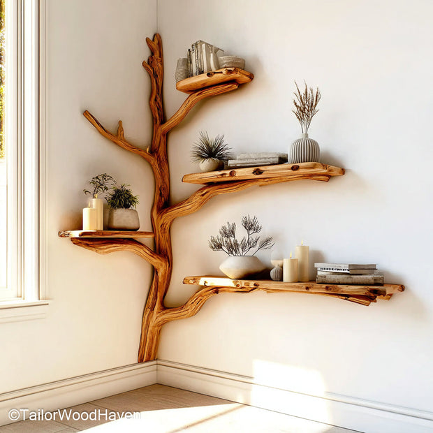 Corner Tree Bookcase Wooden Tree Form Bookshelf for Corners, Ideal for Rustic Living Rooms or Cozy Reading Nooks