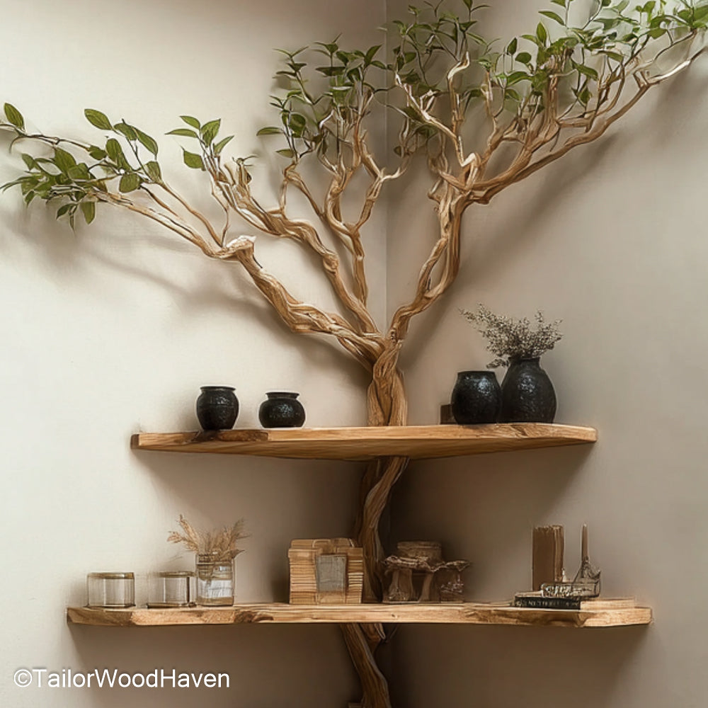 Corner Shelf Cherry Wood Tree Bookshelf Design in Rich Cherry Wood Finish for Elegant, Warm, and Organic Interiors
