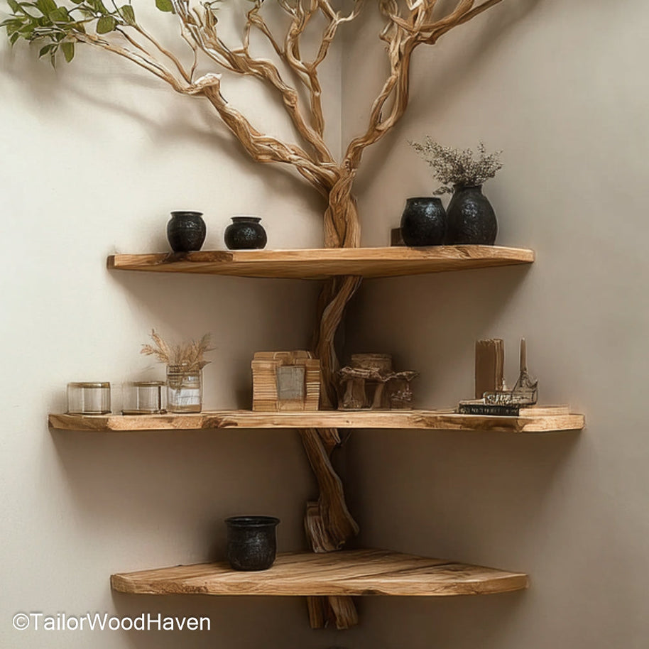 Corner Shelf Cherry Wood Tree Bookshelf Design in Rich Cherry Wood Finish for Elegant, Warm, and Organic Interiors