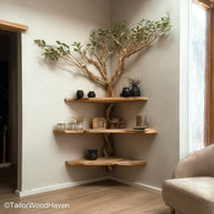 Corner Shelf Cherry Wood Tree Bookshelf Design in Rich Cherry Wood Finish for Elegant, Warm, and Organic Interiors