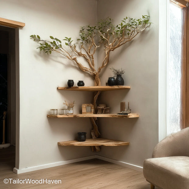 Corner Shelf Cherry Wood Tree Bookshelf Design in Rich Cherry Wood Finish for Elegant, Warm, and Organic Interiors