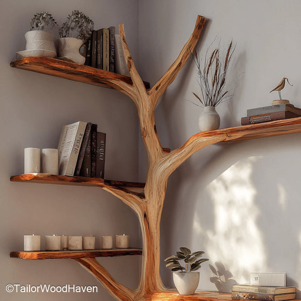 Pine Tree Bookshelf Freestanding Wooden Bookcase Crafted in Pine Tree Shape for Rustic and Cabin Style Interiors