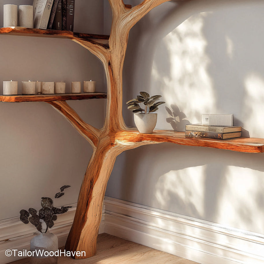Pine Tree Bookshelf Freestanding Wooden Bookcase Crafted in Pine Tree Shape for Rustic and Cabin Style Interiors