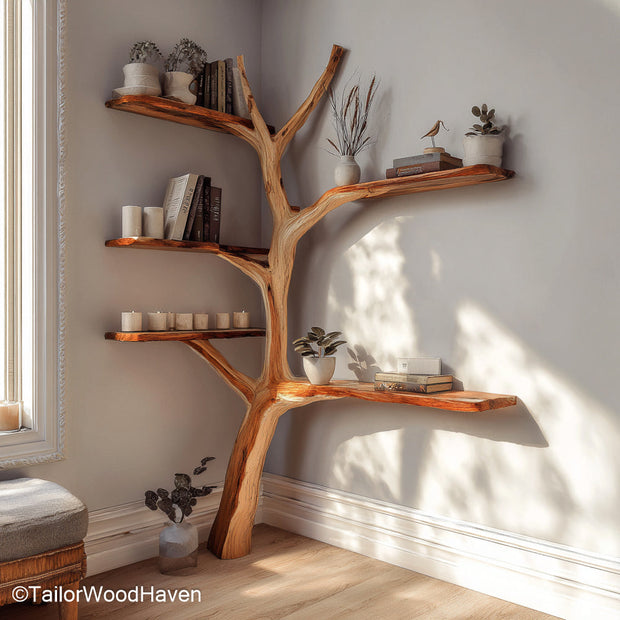 Pine Tree Bookshelf Freestanding Wooden Bookcase Crafted in Pine Tree Shape for Rustic and Cabin Style Interiors