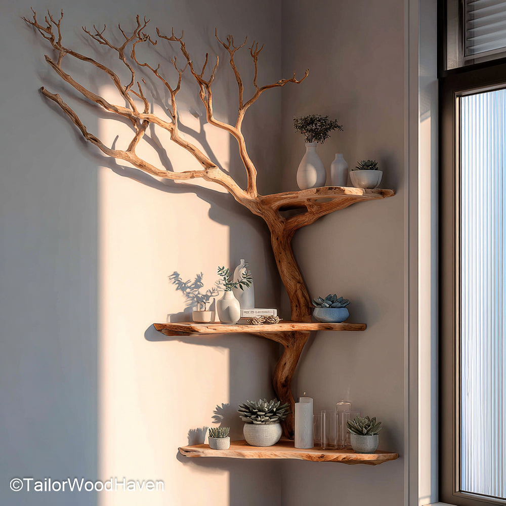 Shelf Tree Bookshelf Handcrafted Wood Tree Shelf Bookcase for Decorative and Functional Wall or Corner Display