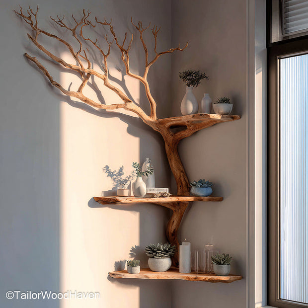 Shelf Tree Bookshelf Handcrafted Wood Tree Shelf Bookcase for Decorative and Functional Wall or Corner Display