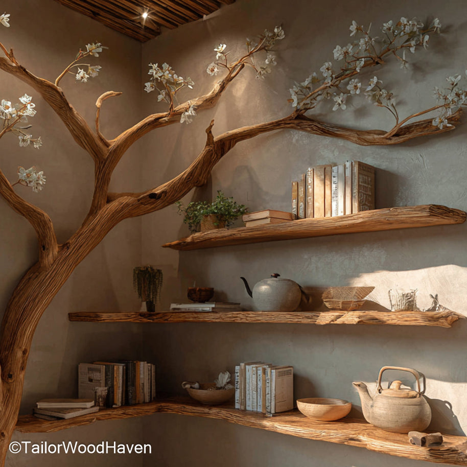 Wooden Tree Bookcase Solid Wood Tree Style Bookcase with Vertical Shelving for Artistic Home Storage