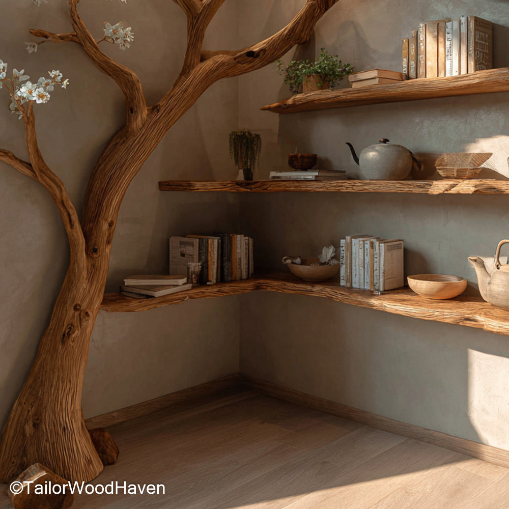 Wooden Tree Bookcase Solid Wood Tree Style Bookcase with Vertical Shelving for Artistic Home Storage