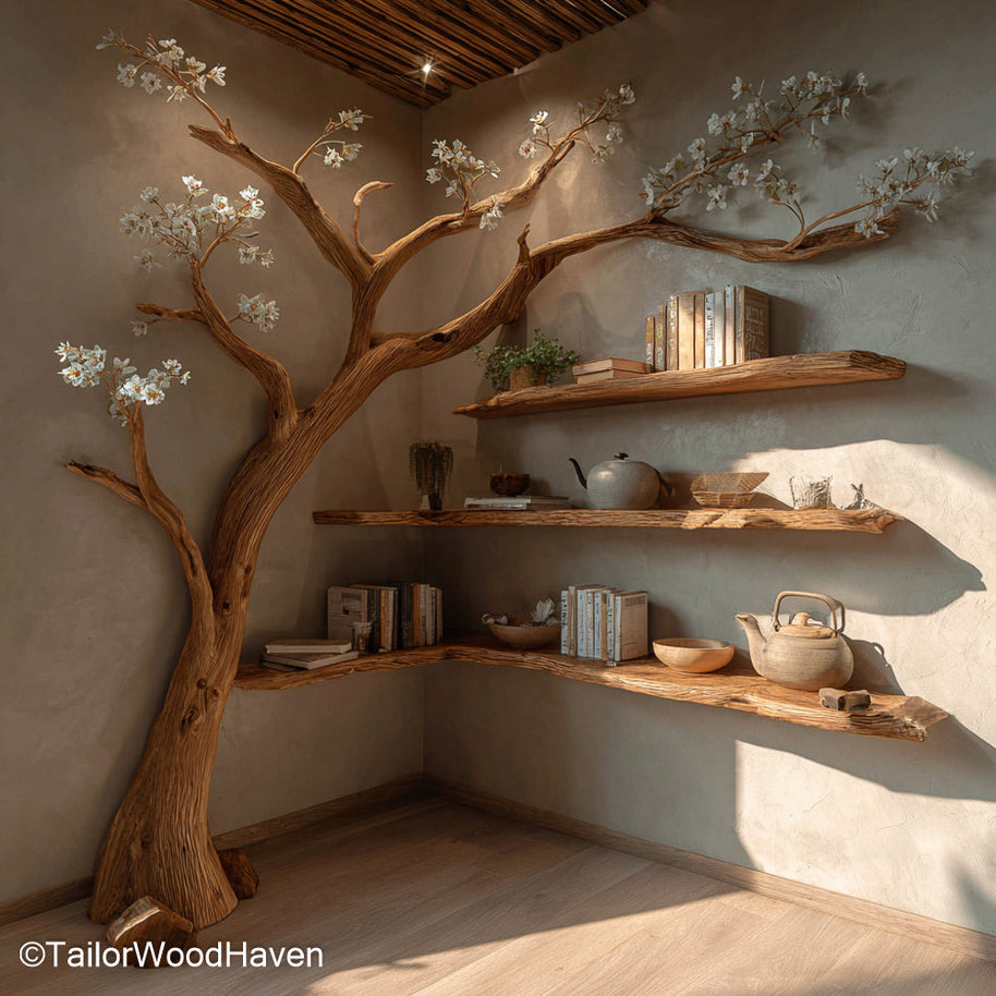 Wooden Tree Bookcase Solid Wood Tree Style Bookcase with Vertical Shelving for Artistic Home Storage