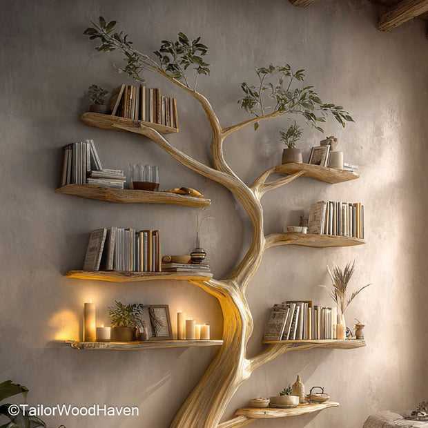 Bookcase Tree Design Wooden Freestanding Bookcase Crafted in Organic Tree Shape for Nature Inspired Interiors