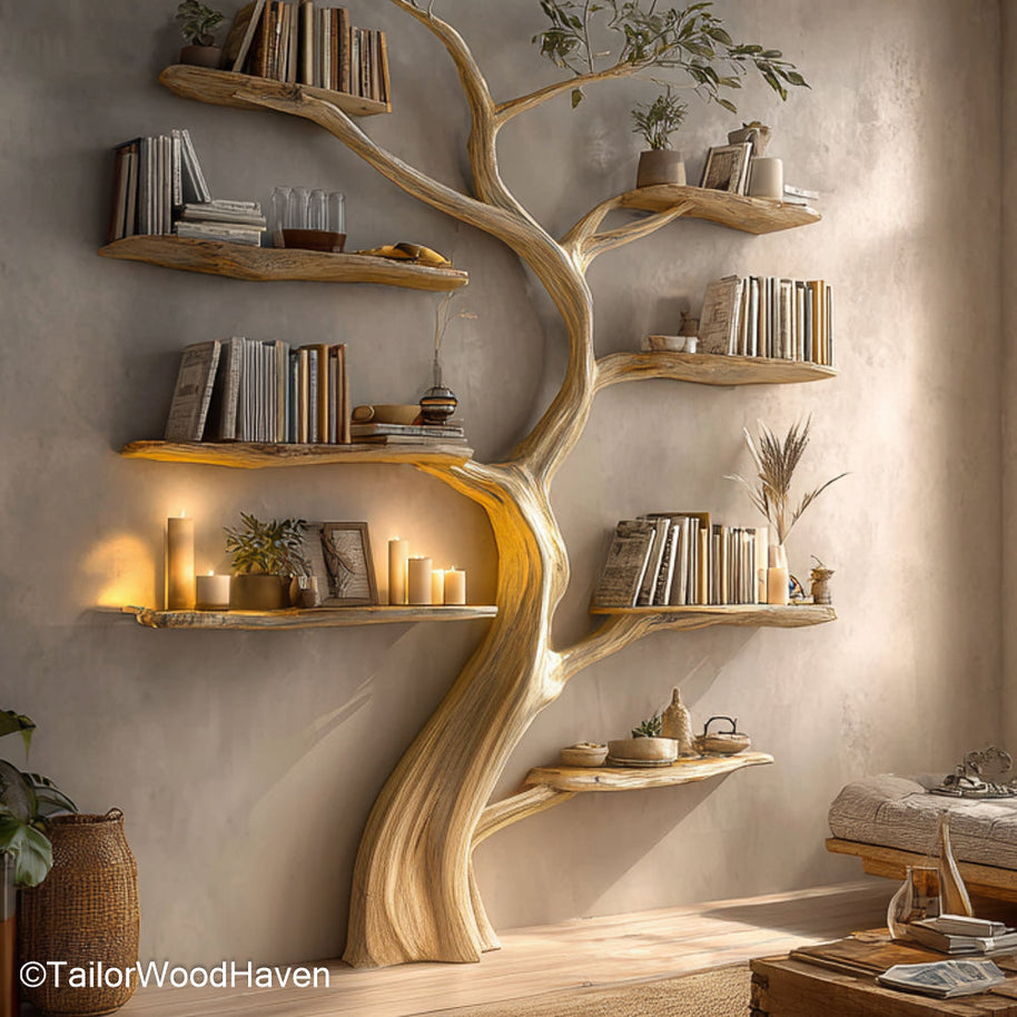 Bookcase Tree Design Wooden Freestanding Bookcase Crafted in Organic Tree Shape for Nature Inspired Interiors