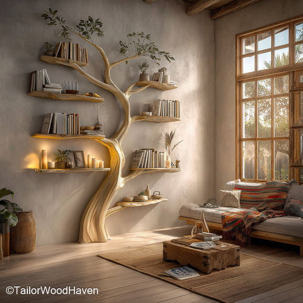 Bookcase Tree Design Wooden Freestanding Bookcase Crafted in Organic Tree Shape for Nature Inspired Interiors