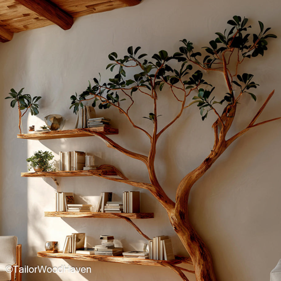 Wood Oak Shelves Rustic Oak Wood Shelves Styled in Tree Form for Natural and Classic Home Decor