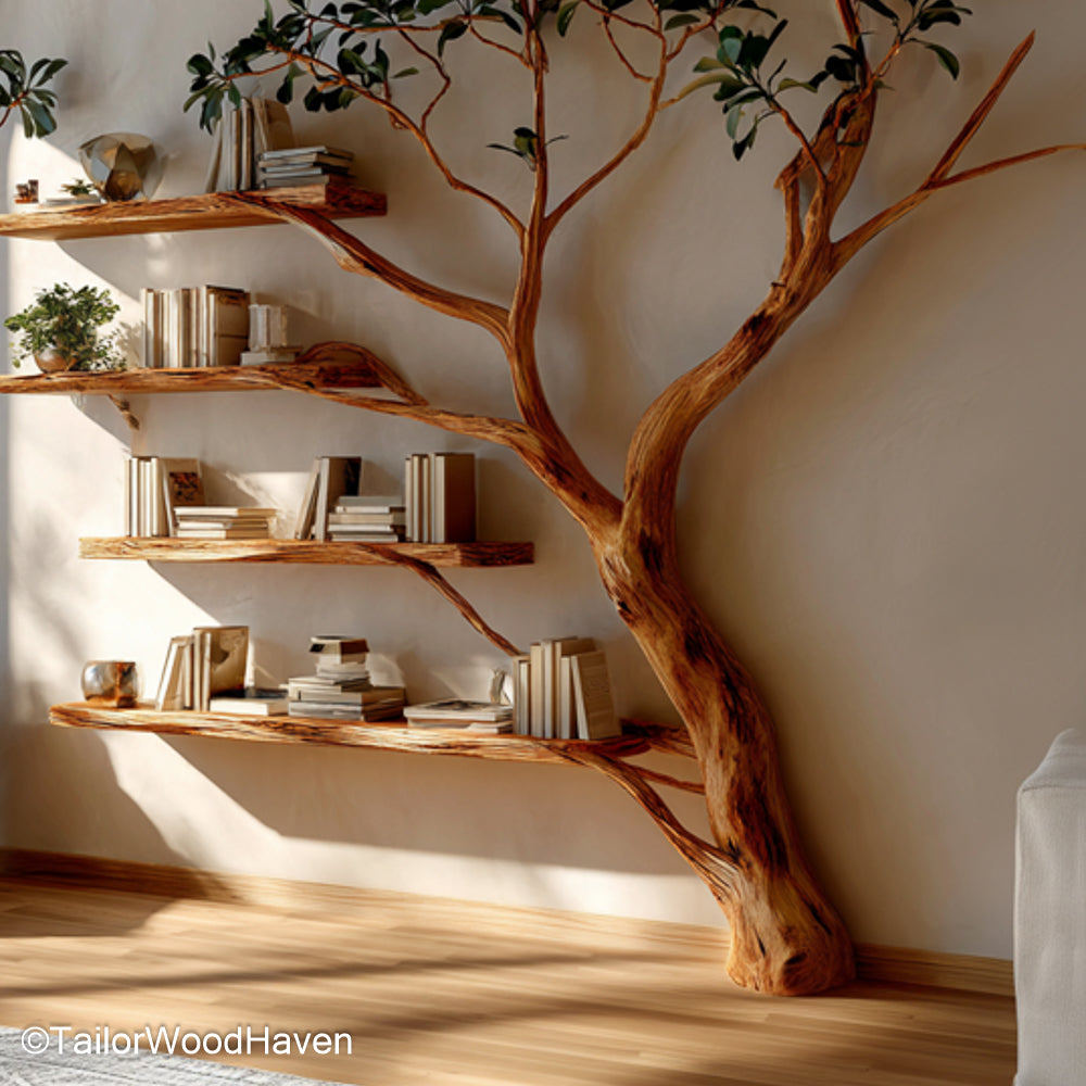 Wood Oak Shelves Rustic Oak Wood Shelves Styled in Tree Form for Natural and Classic Home Decor