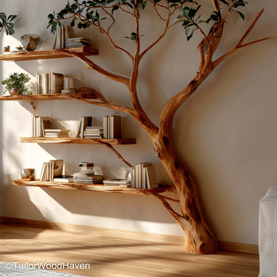 Wood Oak Shelves Rustic Oak Wood Shelves Styled in Tree Form for Natural and Classic Home Decor