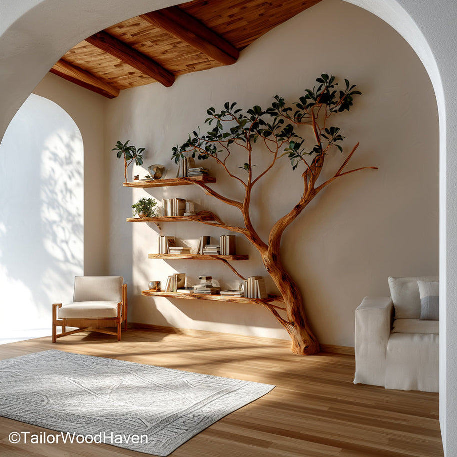 Wood Oak Shelves Rustic Oak Wood Shelves Styled in Tree Form for Natural and Classic Home Decor