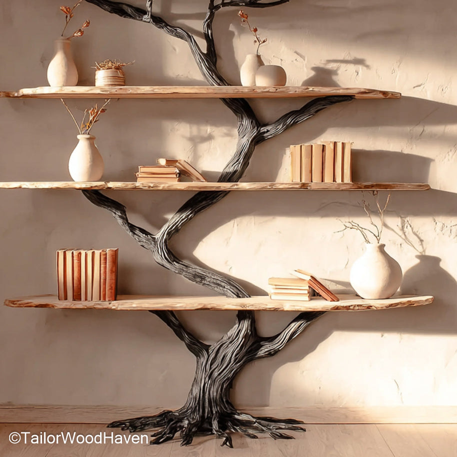 This pine wood book shelf is crafted from solid pine and features a tree-inspired design. A perfect fit for rustic, farmhouse, or eco-friendly interiors.
