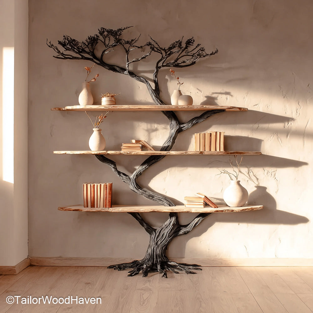 This pine wood book shelf is crafted from solid pine and features a tree-inspired design. A perfect fit for rustic, farmhouse, or eco-friendly interiors.